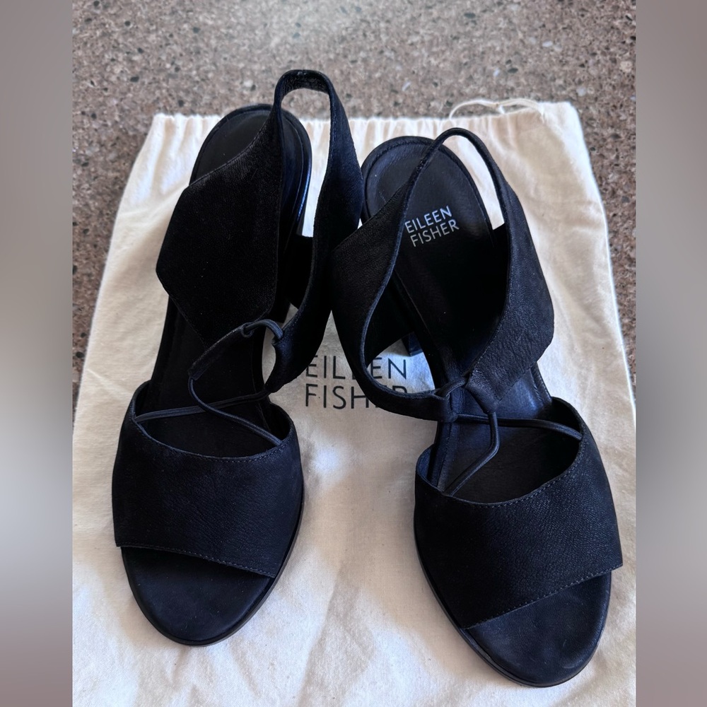 Eileen Fisher Womens DOE Tumbled Nubuck Heeled Sandals Black size 10 - Picture 5 of 11